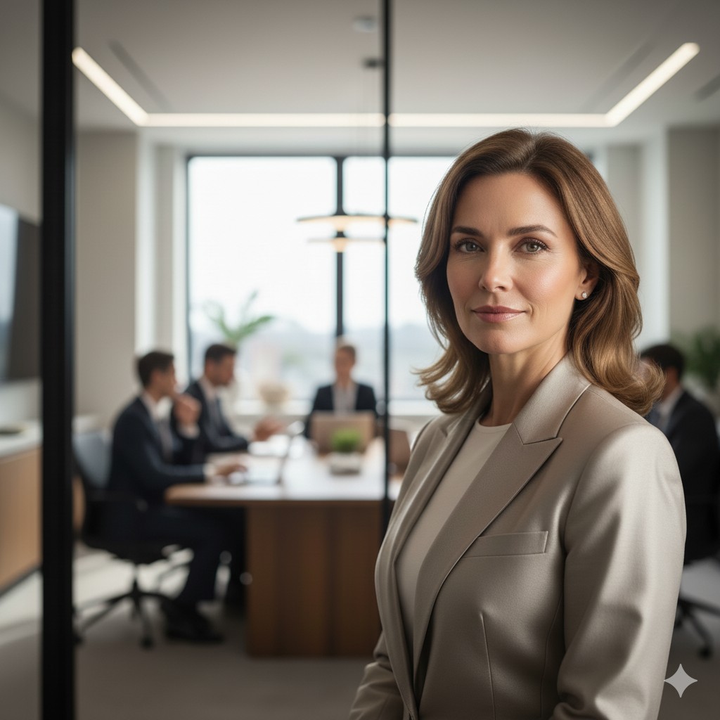 Führungskraft, die ein Führungskräfte-Coaching absolviert hat steht in einem modernen Office-Setting und lächelt in die Kamera. Im Hintergrund ist ein Meetingraum mit 4 Personen zu sehen.