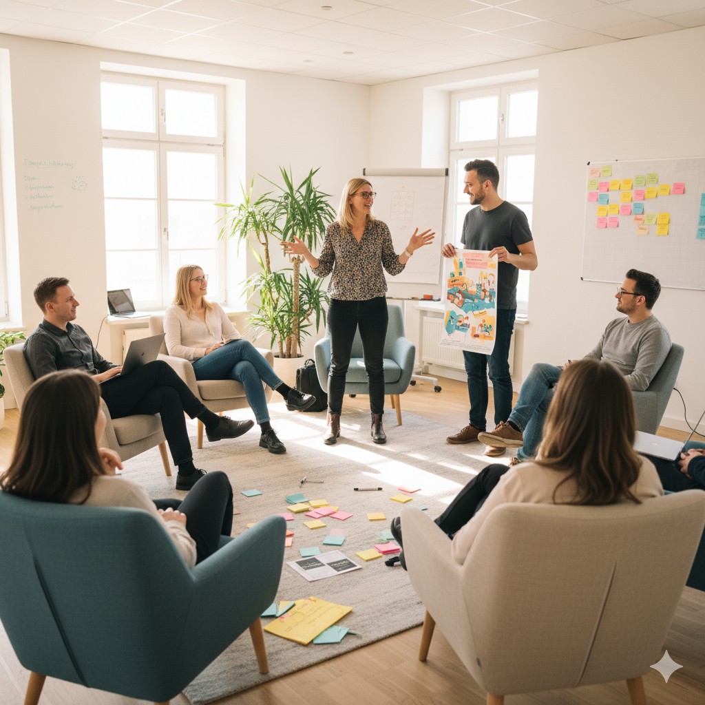 Auf dem Foto ist ein heller, moderner Workshopraum mit großen Fenstern, warmem Tageslicht und einer freundlichen, offenen Atmosphäre zu sehen. 7-10 Personen sitzen in einem großzügigen Sesselkreis. In der Mitte des Kreises stehen zwei Personen, die gerade eine Übung durchführen.